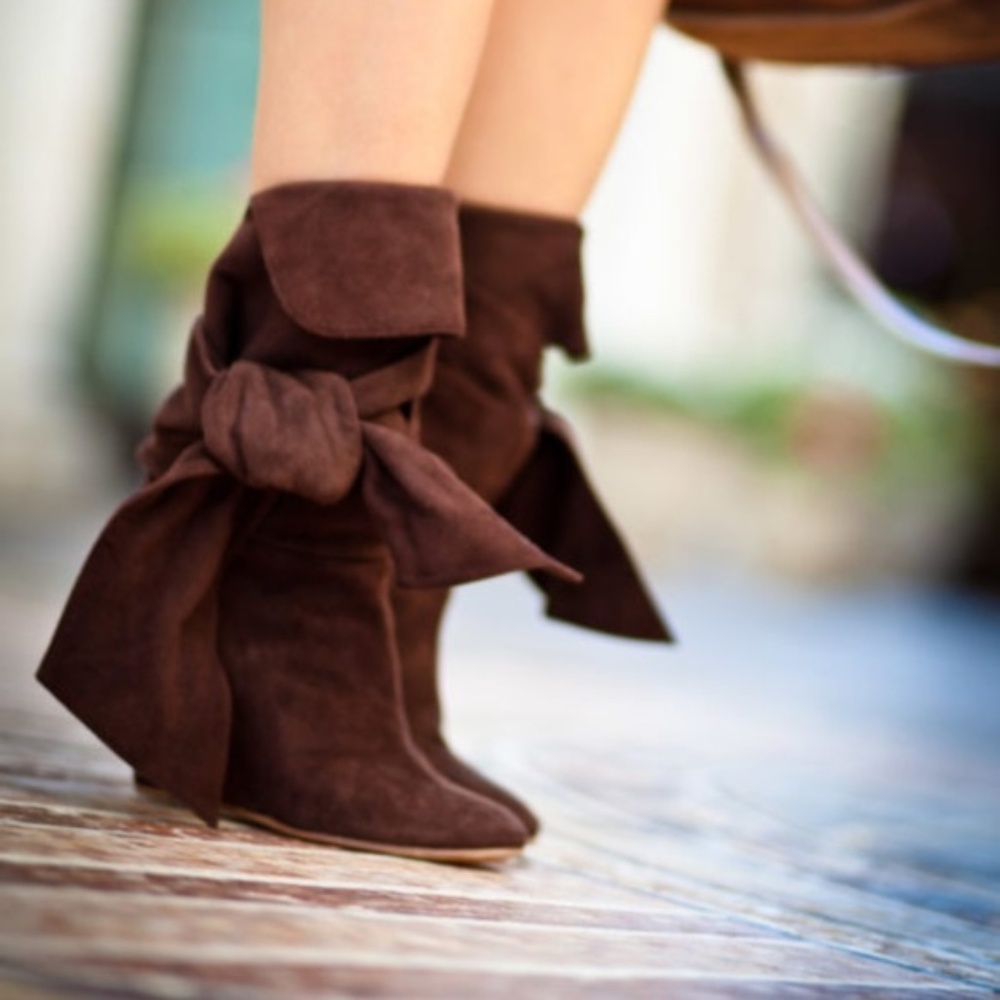 Chloe Brown Suede Wrap Wedge Mid-Calf Boots Supple Soft Size 7/8 (US) 38 (EUR)